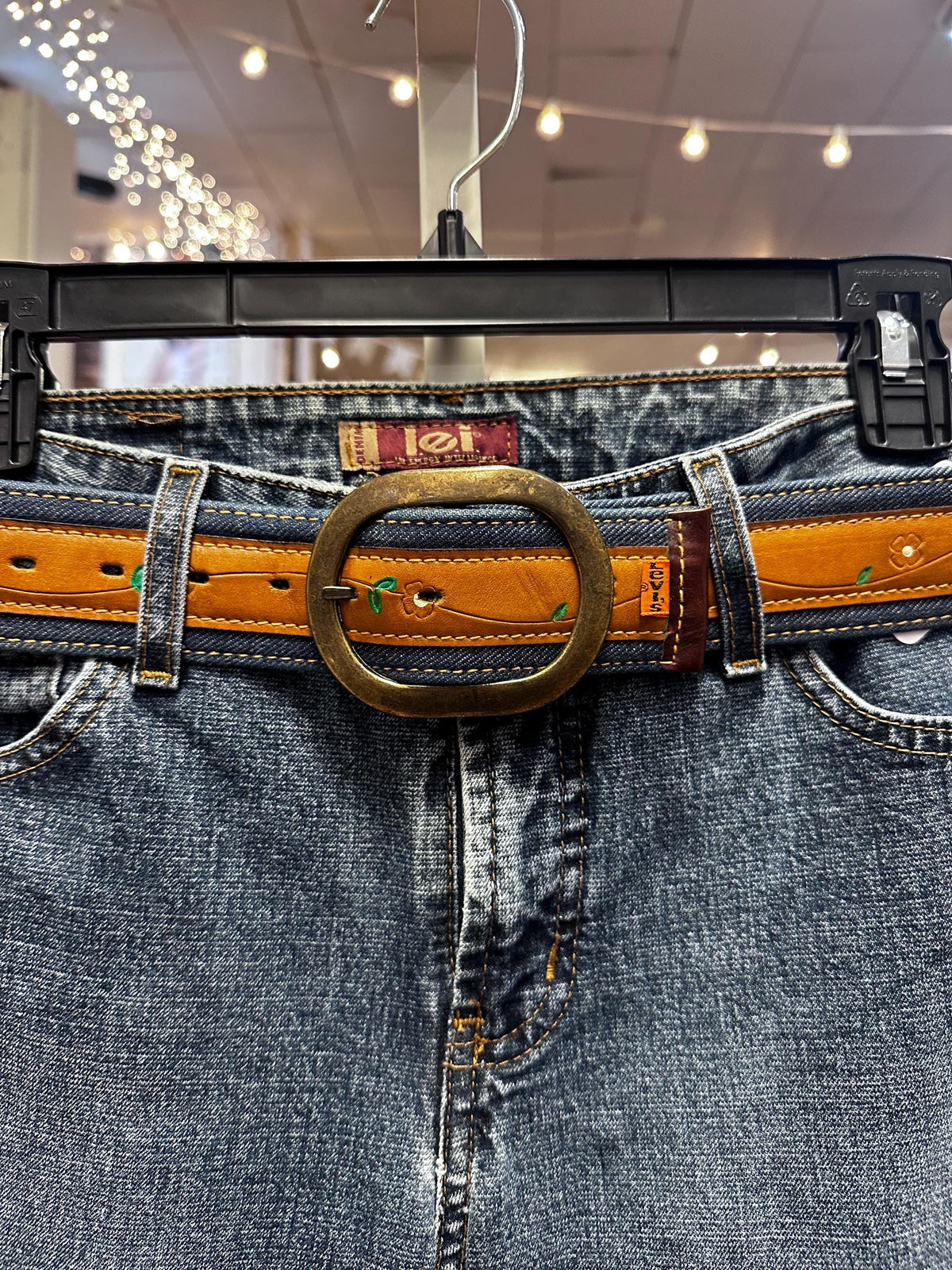 1970s Leather and Denim Hippie Flower Levis Belt XS-S - House of Dow