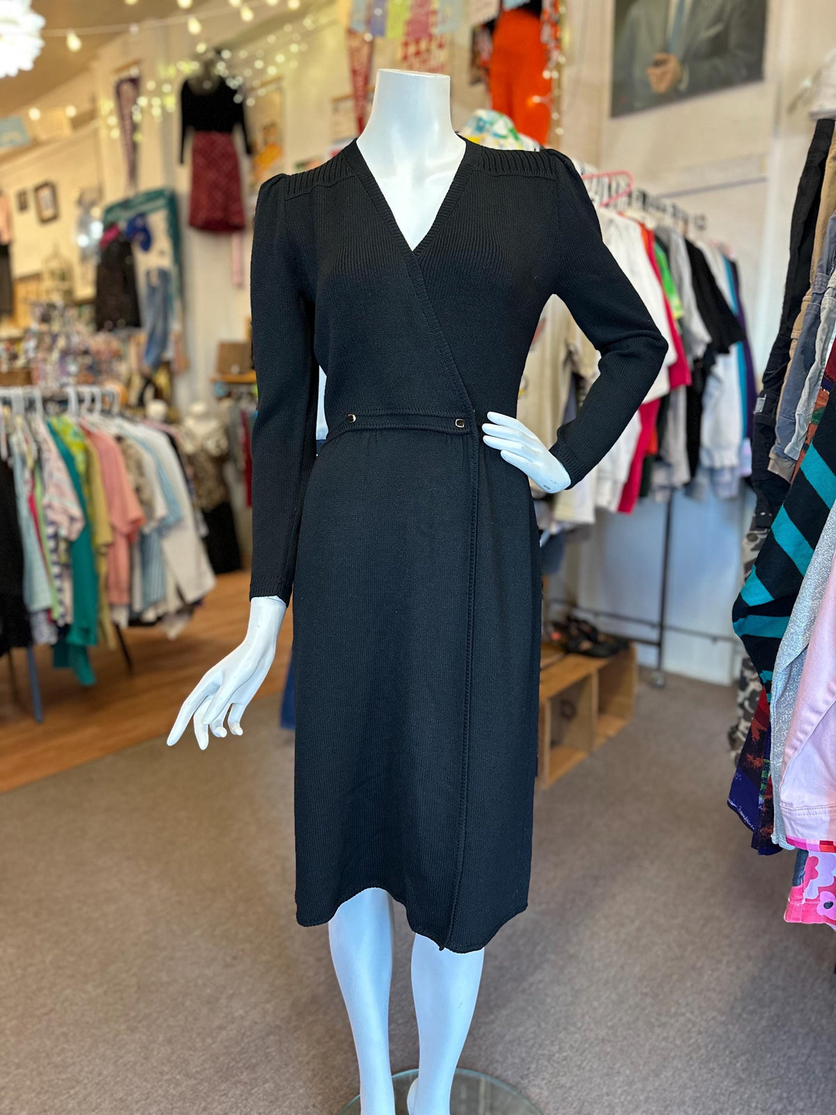 Iconic 1980s Vintage St. John Knit Dress – Faux Wrap Style with Accent Buttons