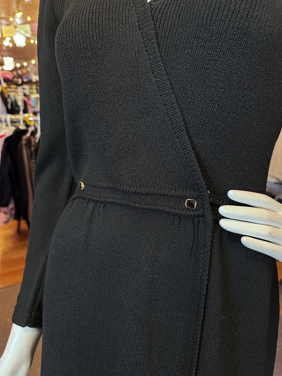 Iconic 1980s Vintage St. John Knit Dress – Faux Wrap Style with Accent Buttons