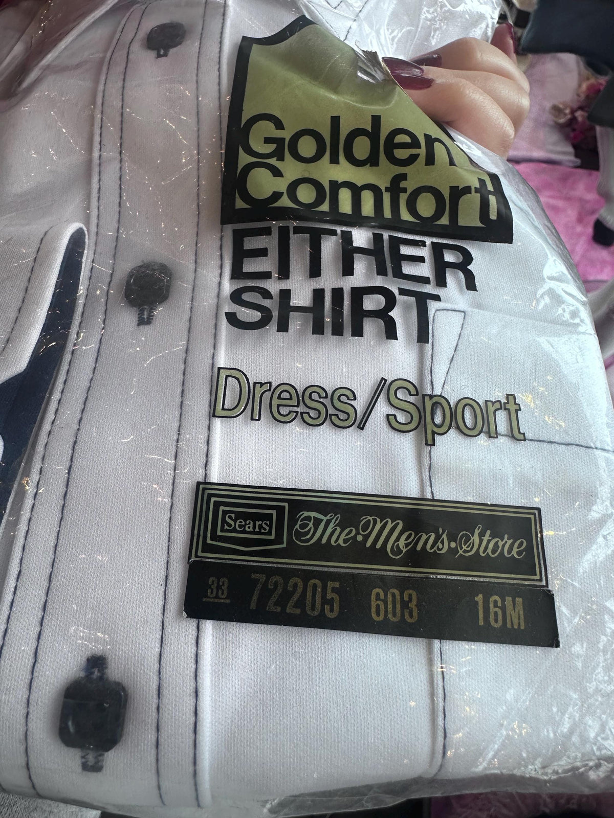 Label on a shirt with 'Golden Comfort' branding and product details.