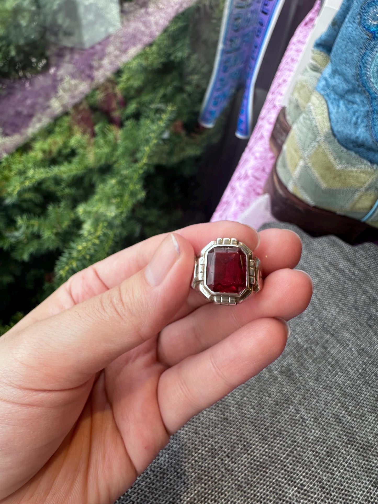 Vintage MCM Sterling Silver Uncas Men's Ring with Large Red Stone – Size 9