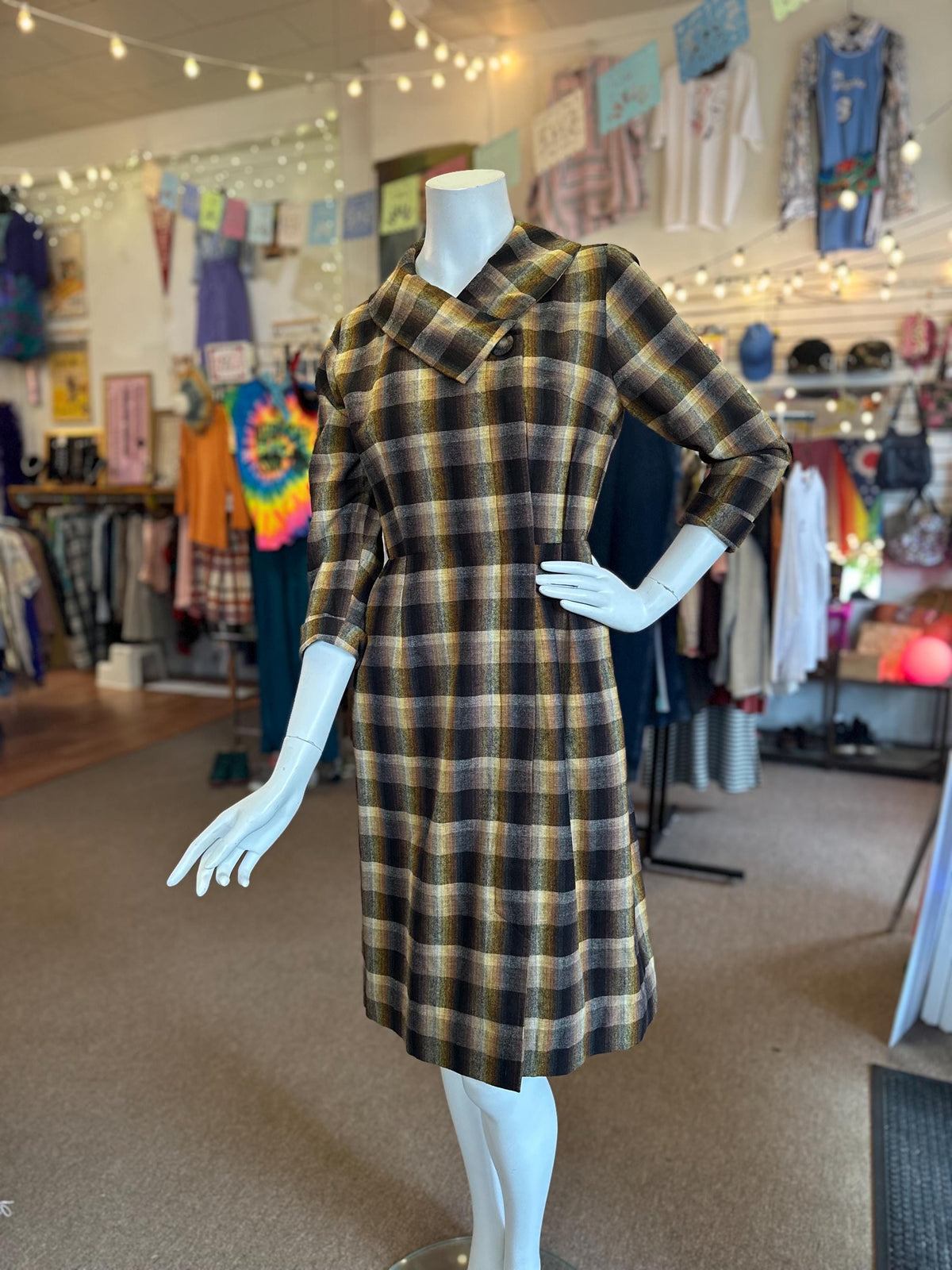 Vintage 60s/70s Handmade Rainbow Brown Prism Plaid Flannel Dress Has Pockets Size Small