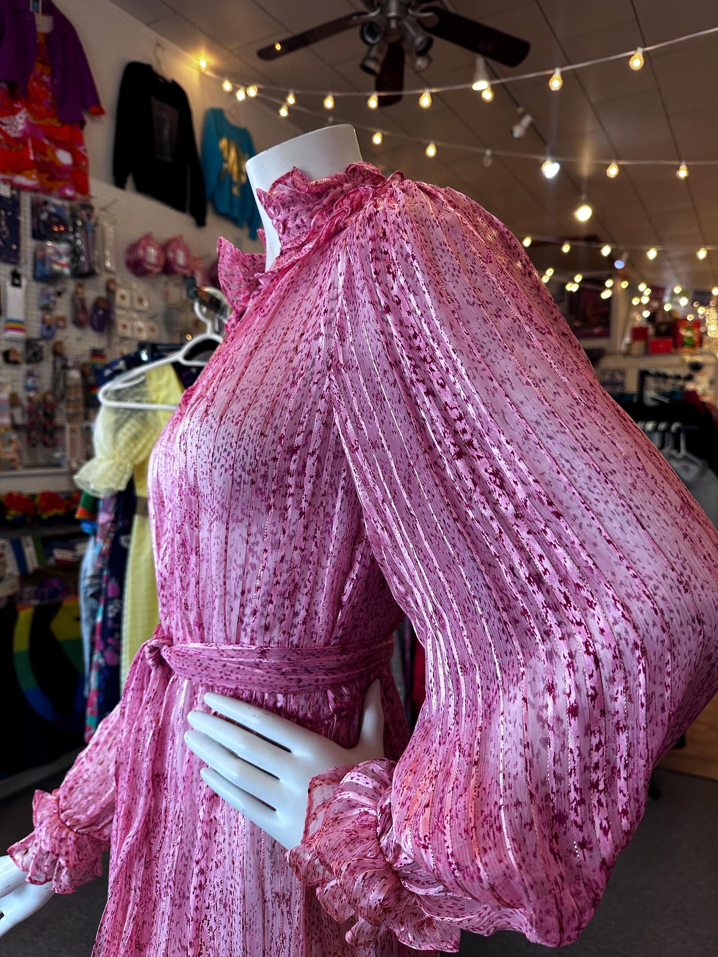 Vintage 1970's Silk Saks Fifth Avenue Sheer Metallic Ruffle Dress Disco With Belt As is