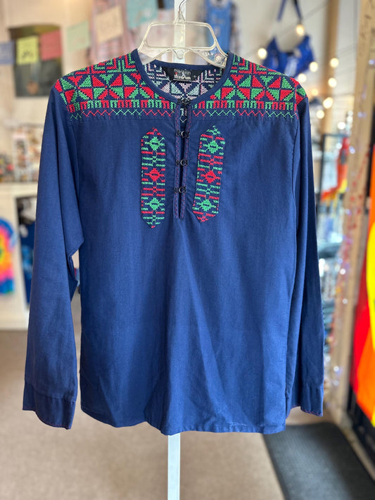 Men's Vintage 1970's Manskin by Forum Hippie Boho Cotton Embroidered "Lace Up" Shirt Size Small