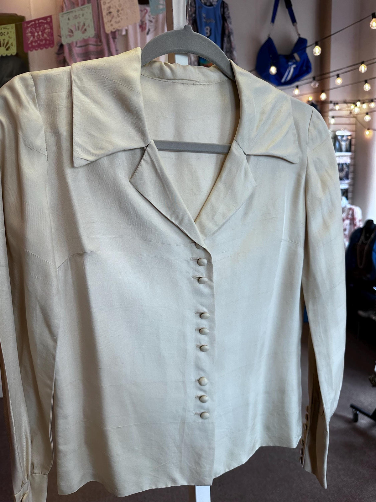1940's or Earlier Vintage Antique Raw Silk Long Sleeved Blouse XS