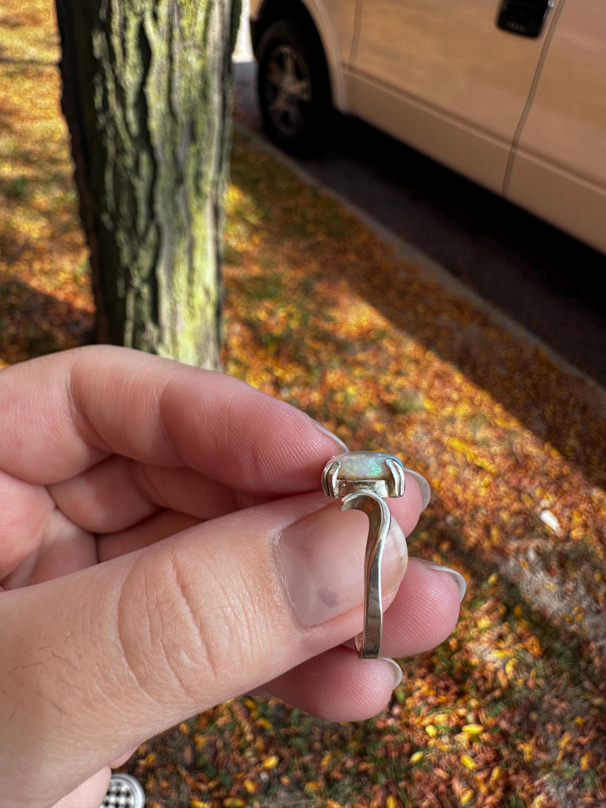 Genuine Modern White Opal Silver Dainty Ring Size 6.5