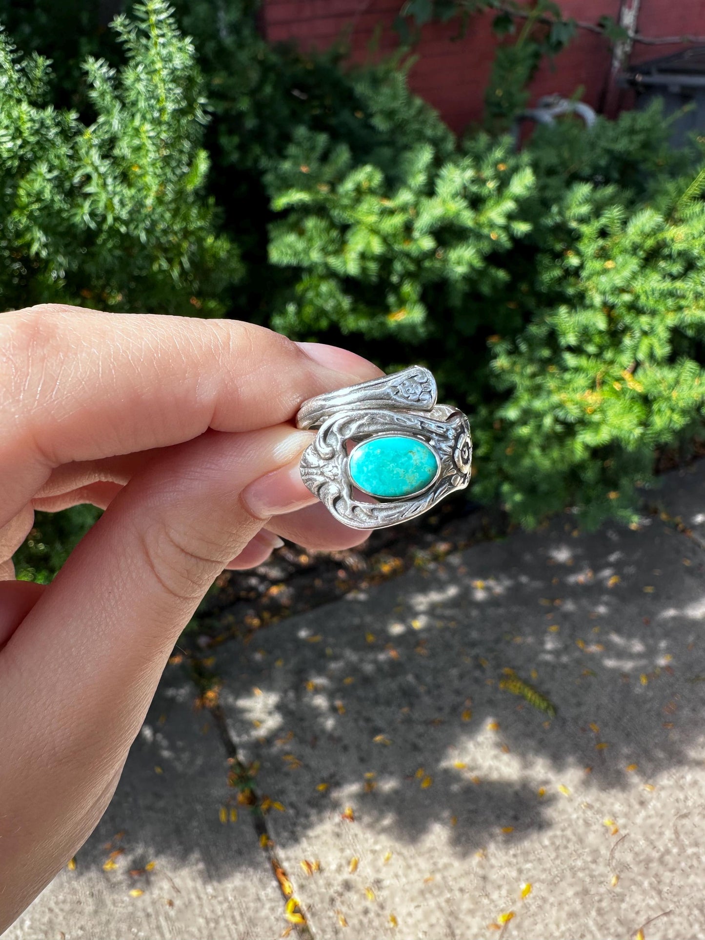Vintage Sterling Silver Handmade Turqoise Spoon Ring size 5.5