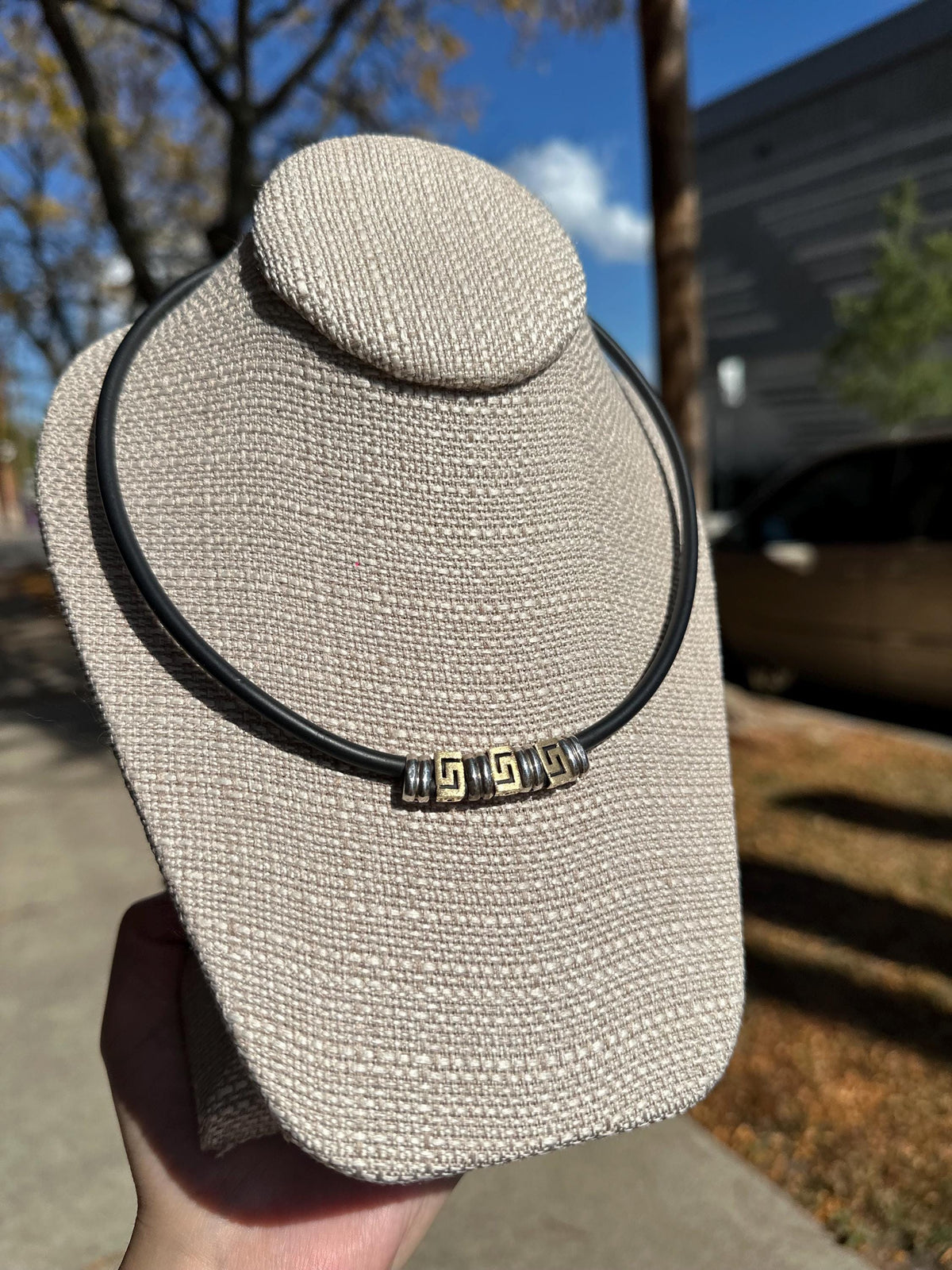 Vintage Real 14K Gold and Sterling Silver Beaded Rubber necklace Choker