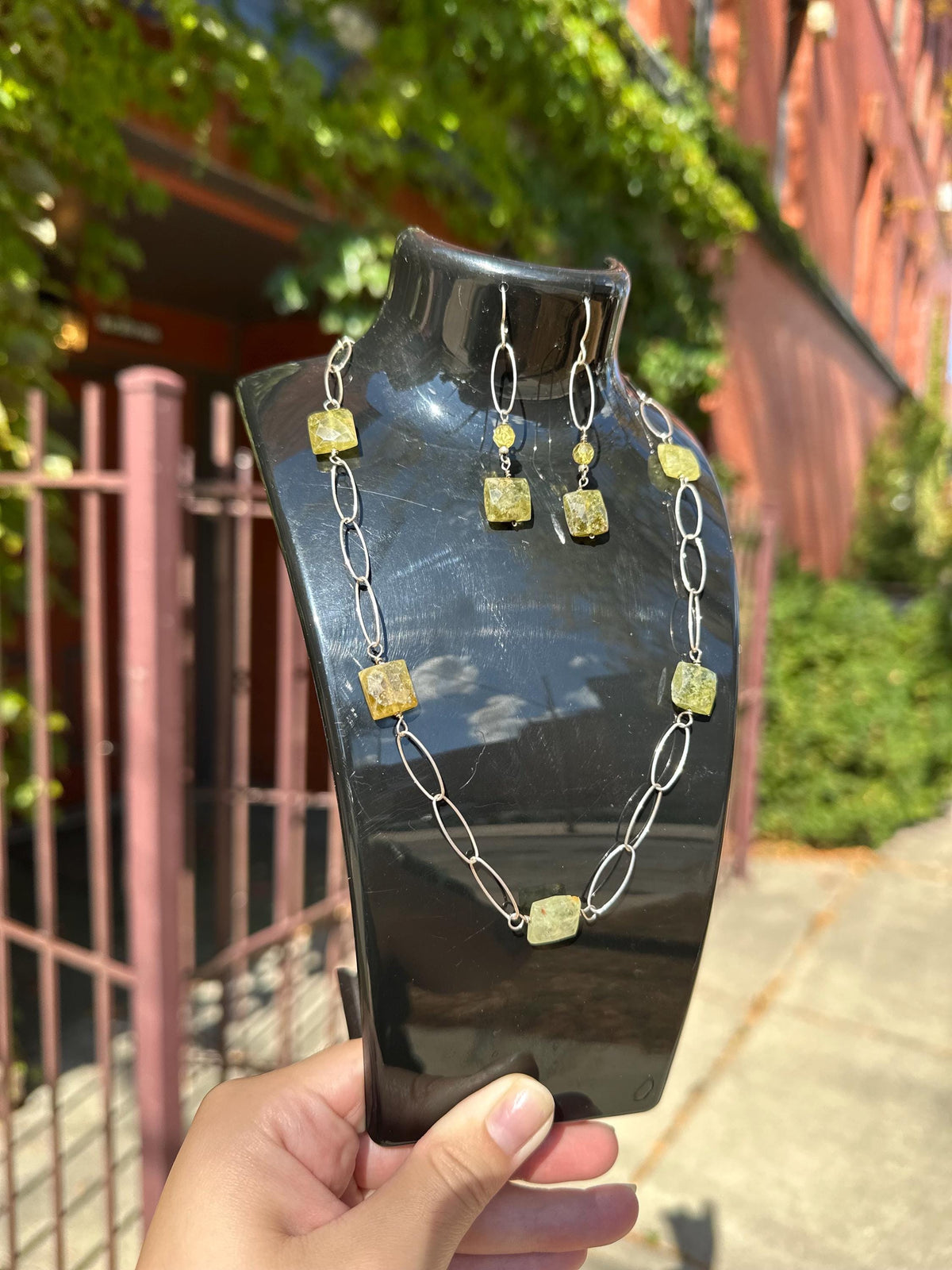 Untreated Natural Faceted Peridot Sterling Silver Paper Clip Chain Sterling Silver Necklace and Earring set
