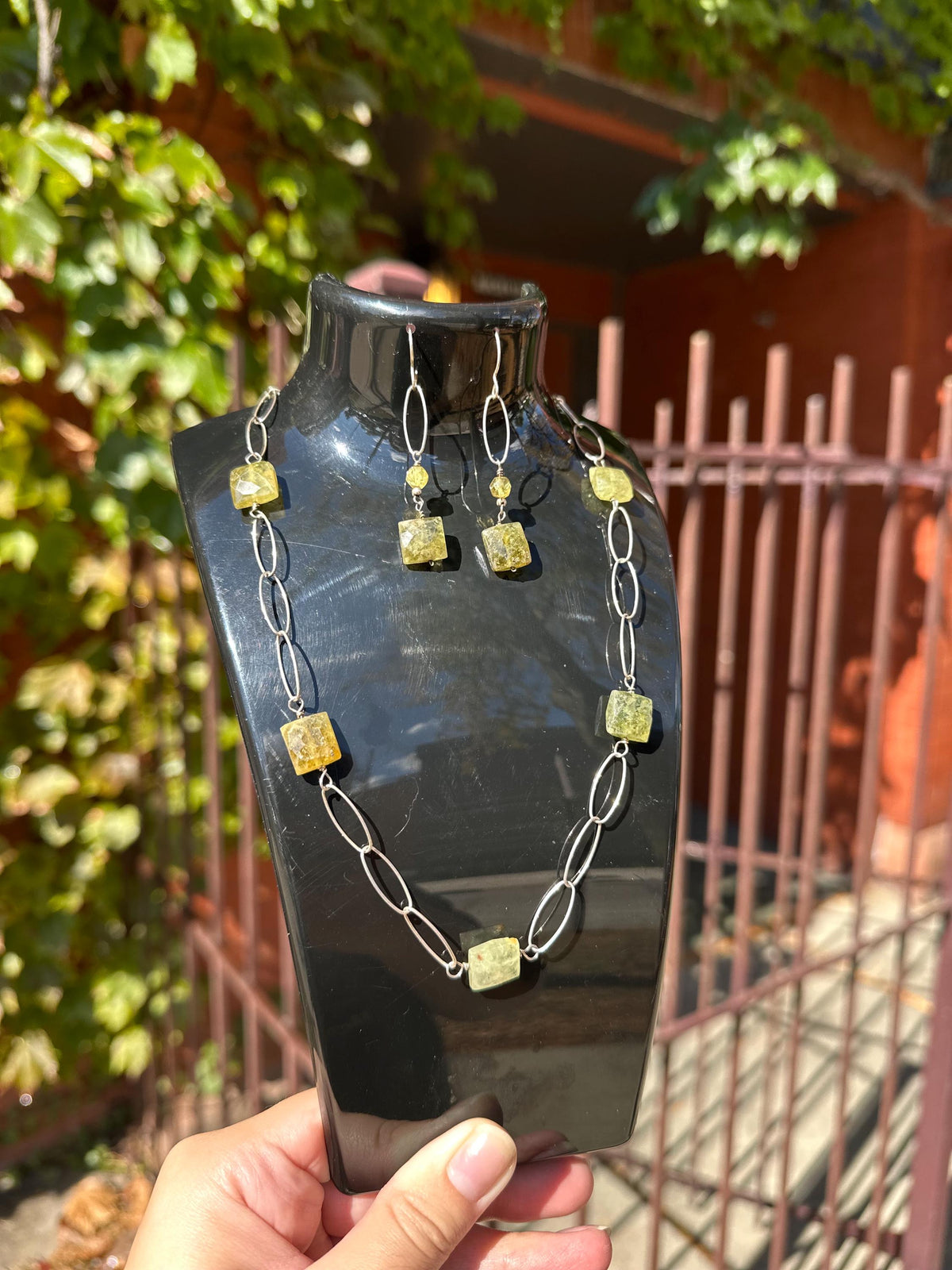 Untreated Natural Faceted Peridot Sterling Silver Paper Clip Chain Sterling Silver Necklace and Earring set