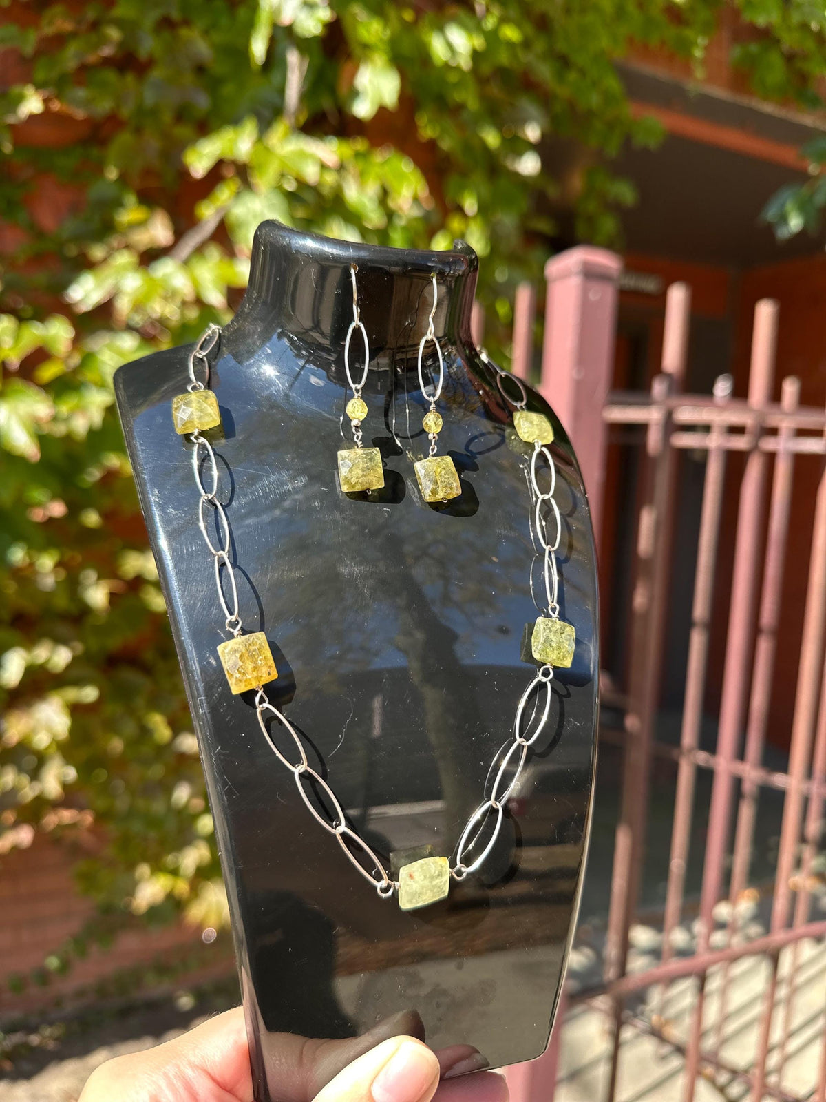 Untreated Natural Faceted Peridot Sterling Silver Paper Clip Chain Sterling Silver Necklace and Earring set