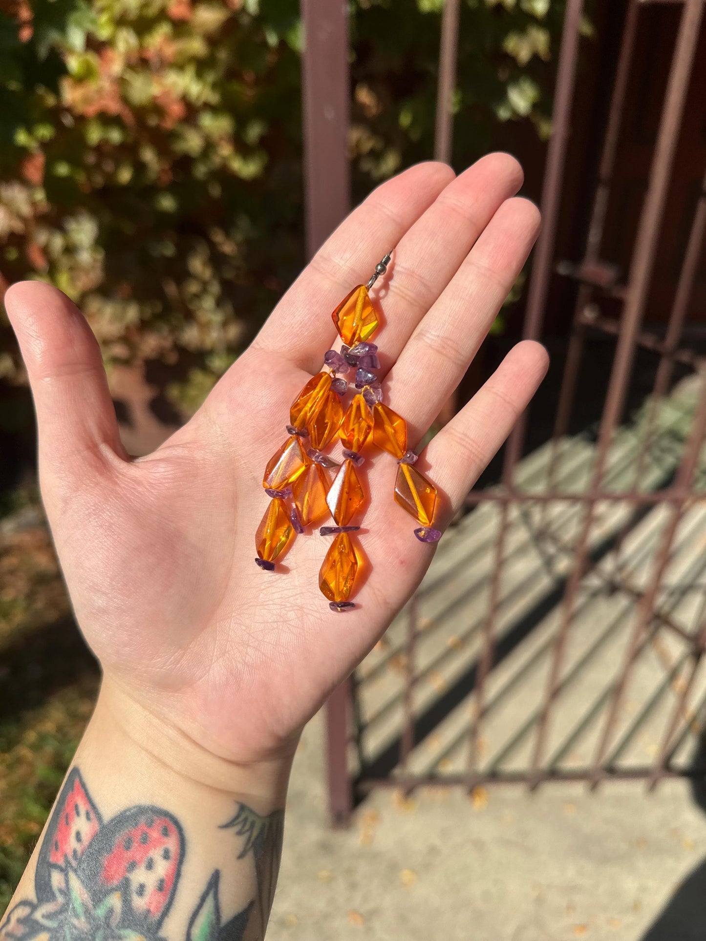 Beautiful Artsy Vintage Faceted Amber With Amethyst Bead Dangle Earrings.