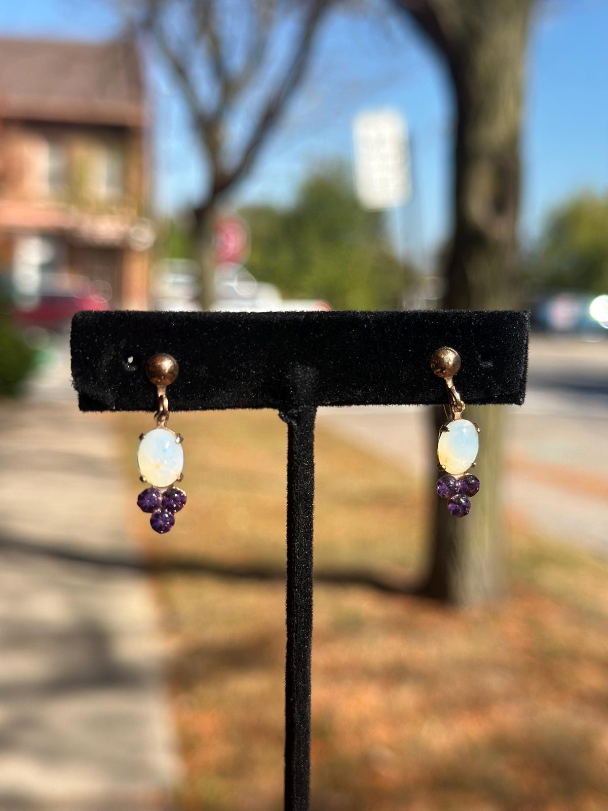 Pair of earrings on a black stand with a blurred outdoor background