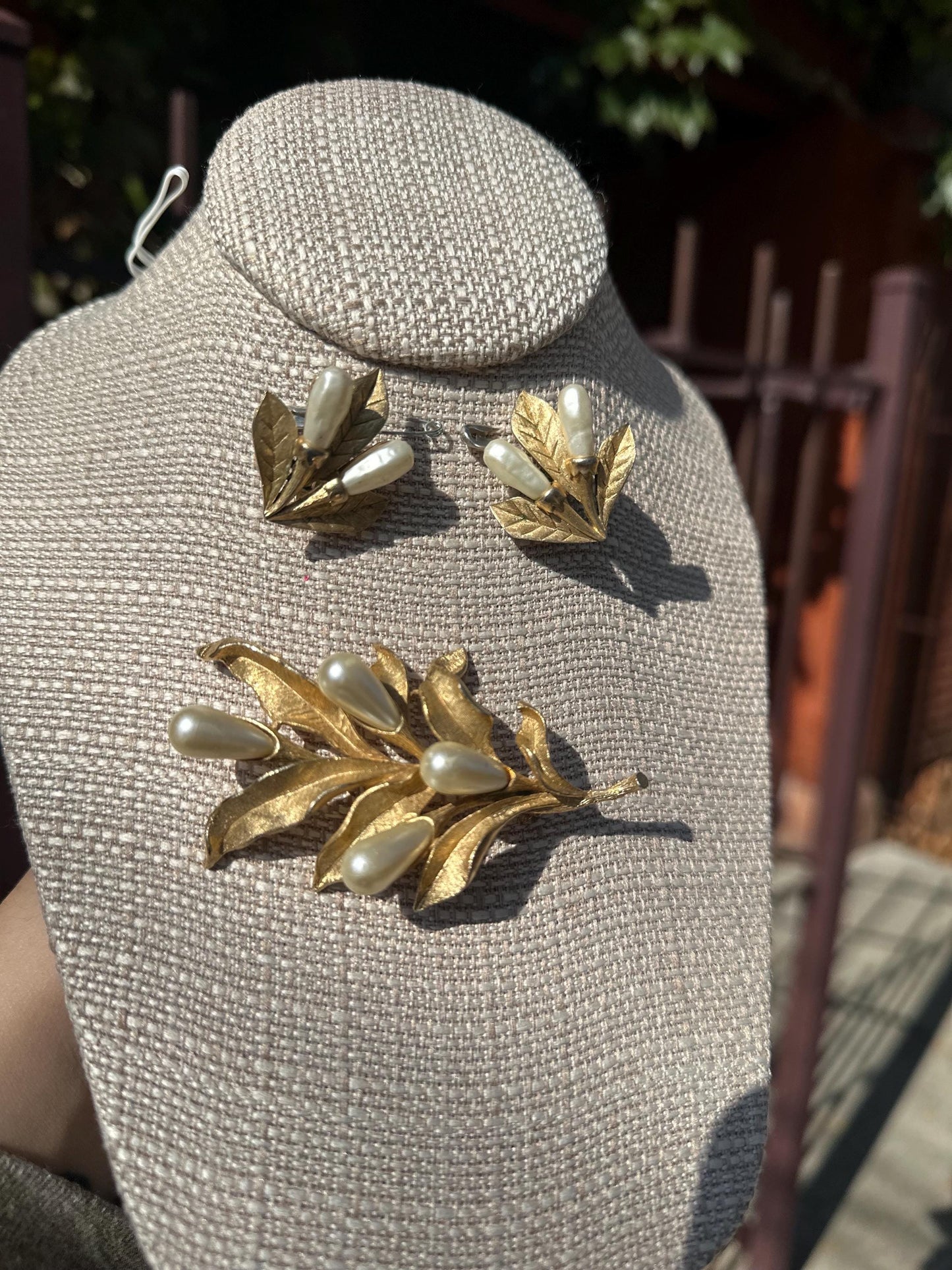 Vintage 1950s Trefari Gold Tone and Pearl Leaf Brooch and Clip on Earring Set