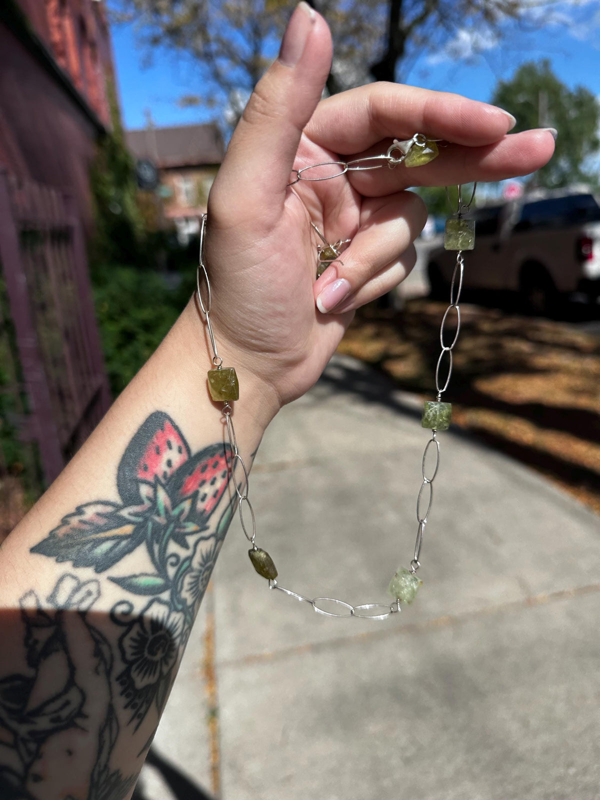 Untreated Natural Faceted Peridot Sterling Silver Paper Clip Chain Sterling Silver Necklace and Earring set