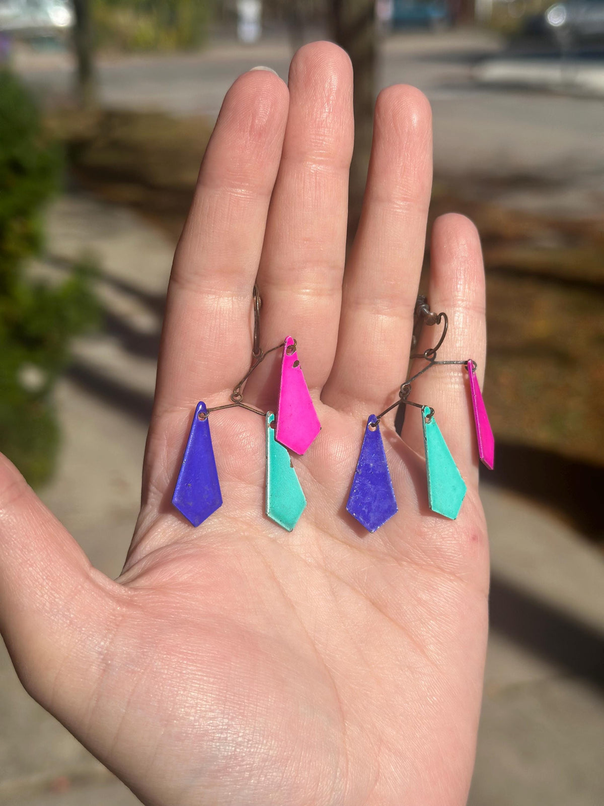 1960's Rare MCM Mobile Jewel Toned Enamel and Brass Kite Screwback Earrings Alexander Calder Inspired