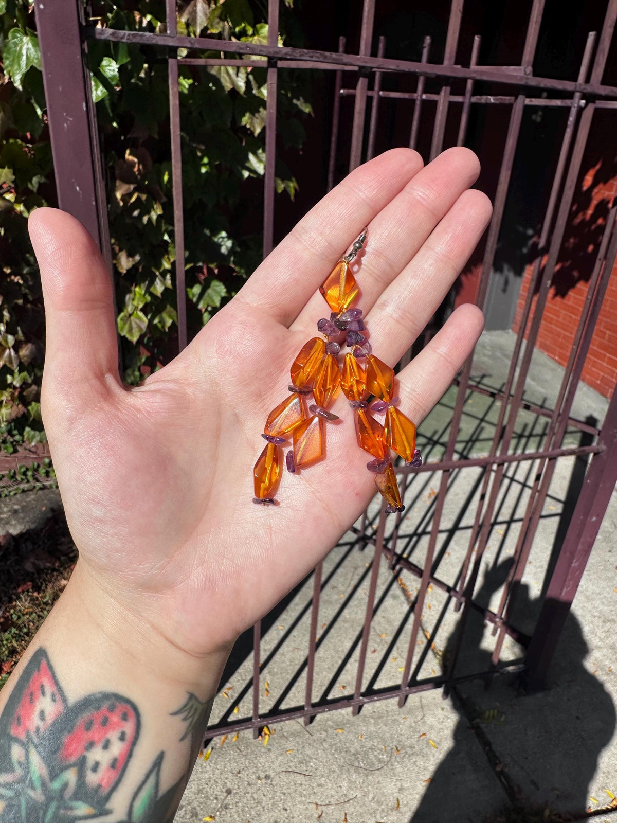 Beautiful Artsy Vintage Faceted Amber With Amethyst Bead Dangle Earrings.