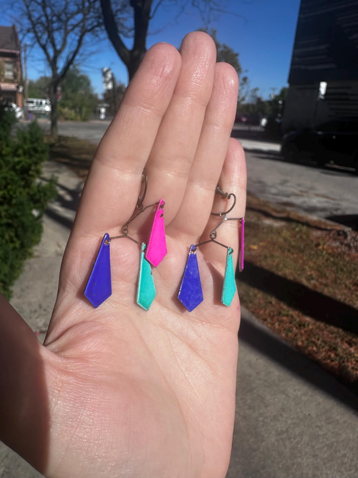 1960's Rare MCM Mobile Jewel Toned Enamel and Brass Kite Screwback Earrings Alexander Calder Inspired