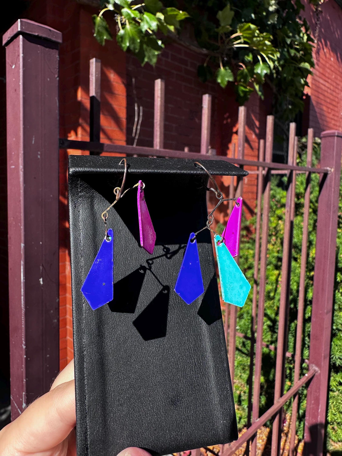 1960's Rare MCM Mobile Jewel Toned Enamel and Brass Kite Screwback Earrings Alexander Calder Inspired