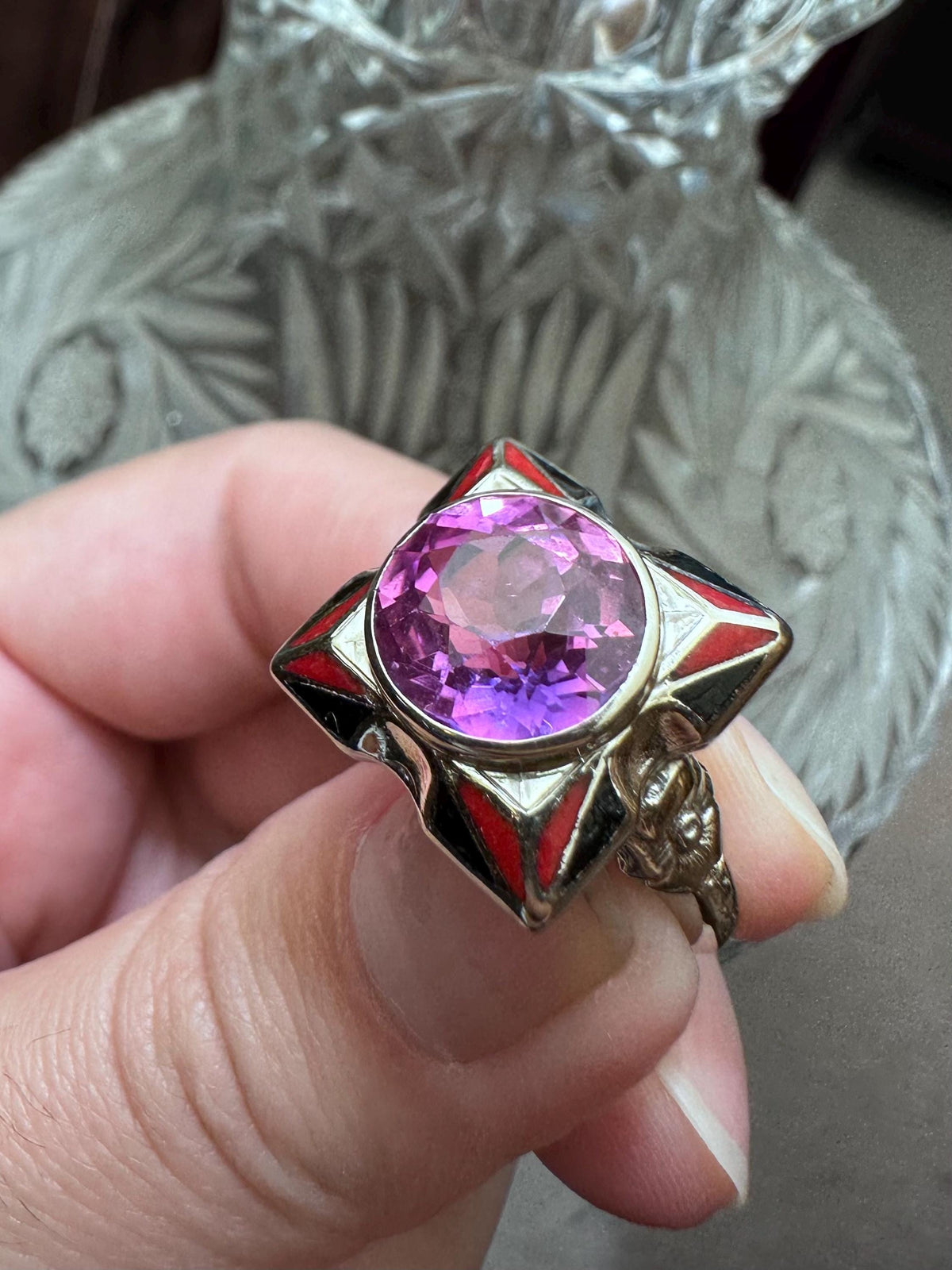 Vintage Rare Antique 1930s Art Deco Style Real 14k White Gold Band Pink Sapphire Enamel Square Ring Size 6