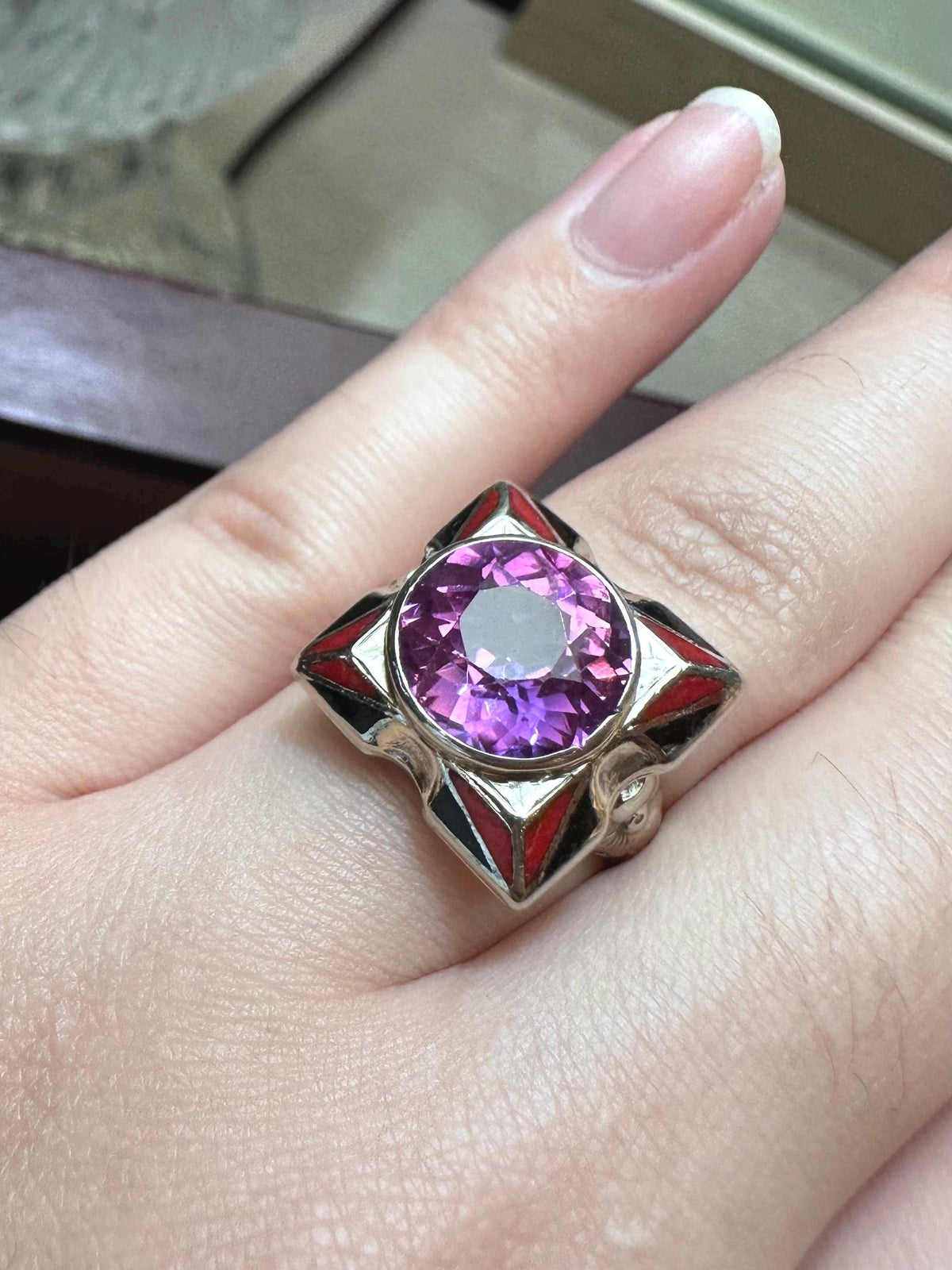 Vintage Rare Antique 1930s Art Deco Style Real 14k White Gold Band Pink Sapphire Enamel Square Ring Size 6