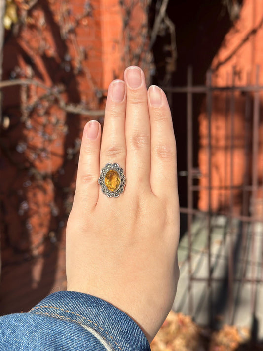 Antique Art Deco 1930s Vintage Citrine and Marcasite Stamped Sterling Silver Ring Uncas Size 5.5