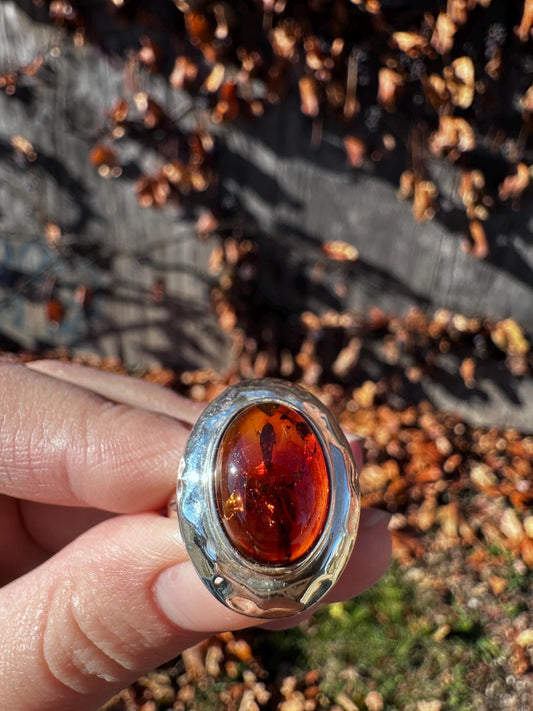 Vintage 1990s Whimsigoth Beautiful HUGE piece of Amber Dominique Dinoart DDD Sterling Silver Ring Size 9