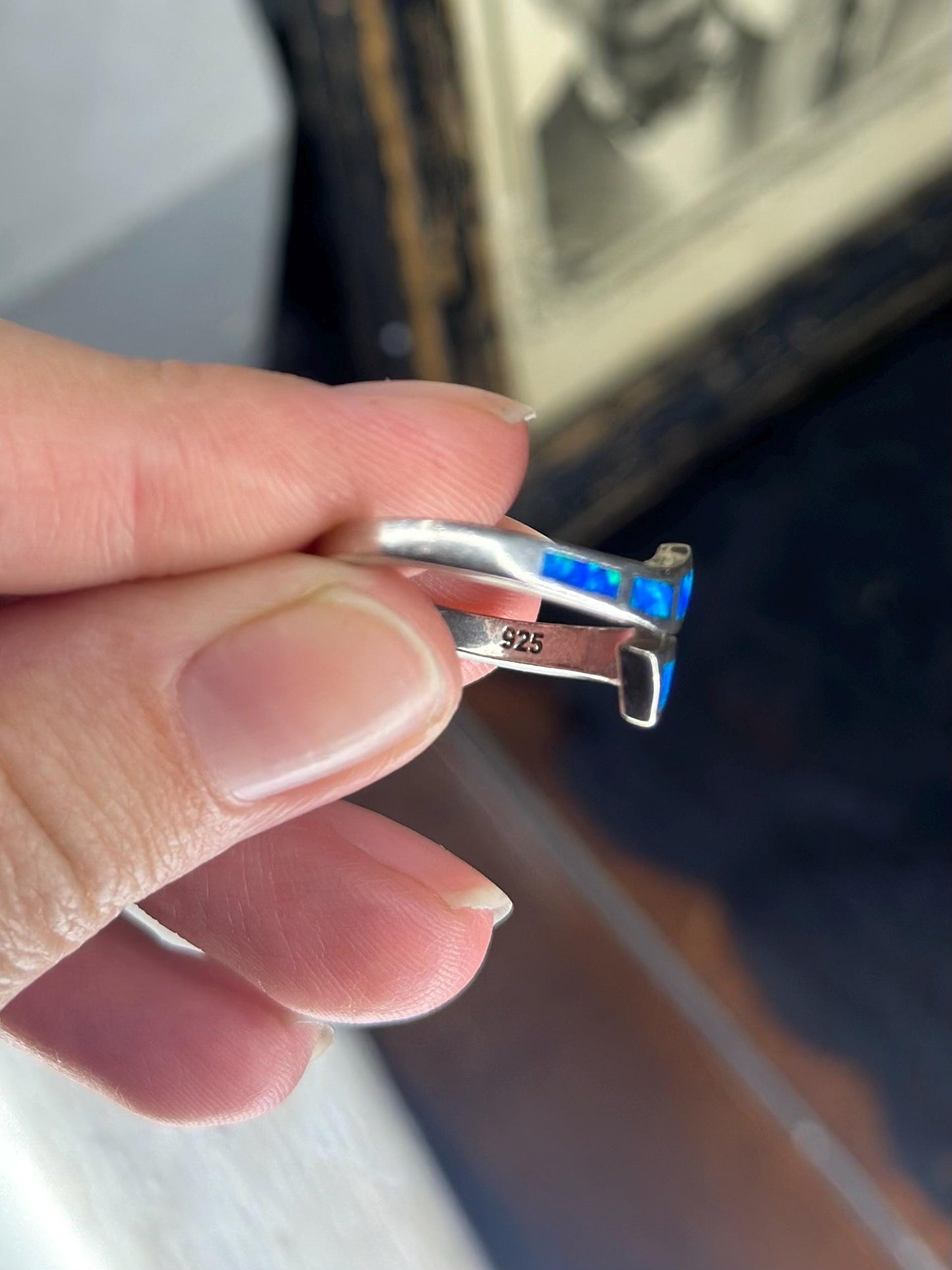 Created Blue Opal Sterling Silver Overlap Ring Size 7