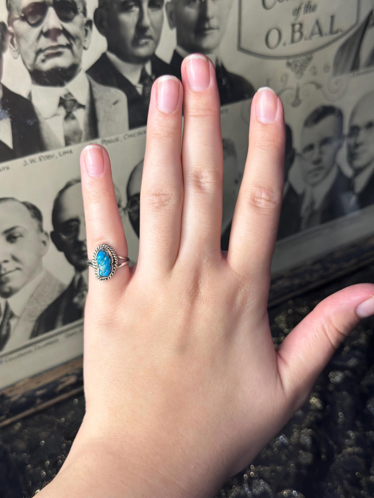 Vintage Raw Pretty Dainty Turquoise Sterling Silver Small Ring Womens Ring Small Size 4.5-5