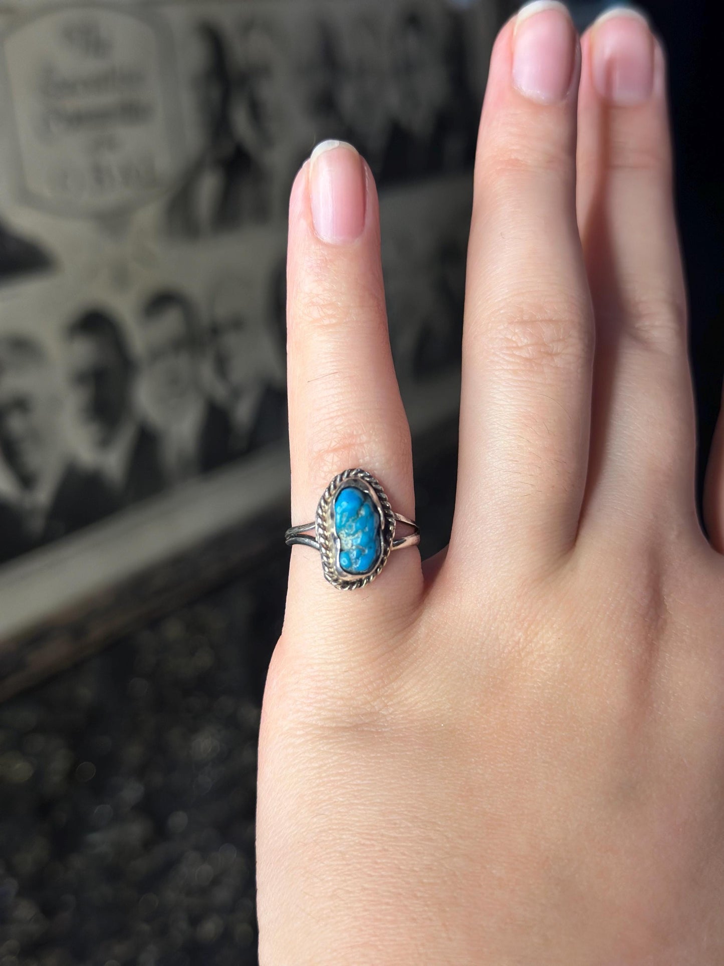 Vintage Raw Pretty Dainty Turquoise Sterling Silver Small Ring Womens Ring Small Size 4.5-5