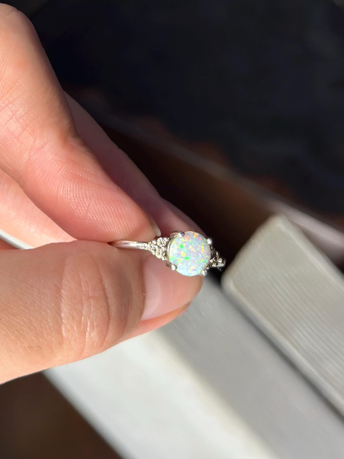 Faux Created Opal Sterling Silver Ring with CZ Size 7 Vintage Style Dainty Womens Ring October