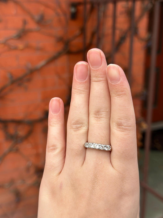 Vintage 50's 5 Stone Lab Created Diamonds White 14K Gold Electroplated Cocktail Size 7 Ring