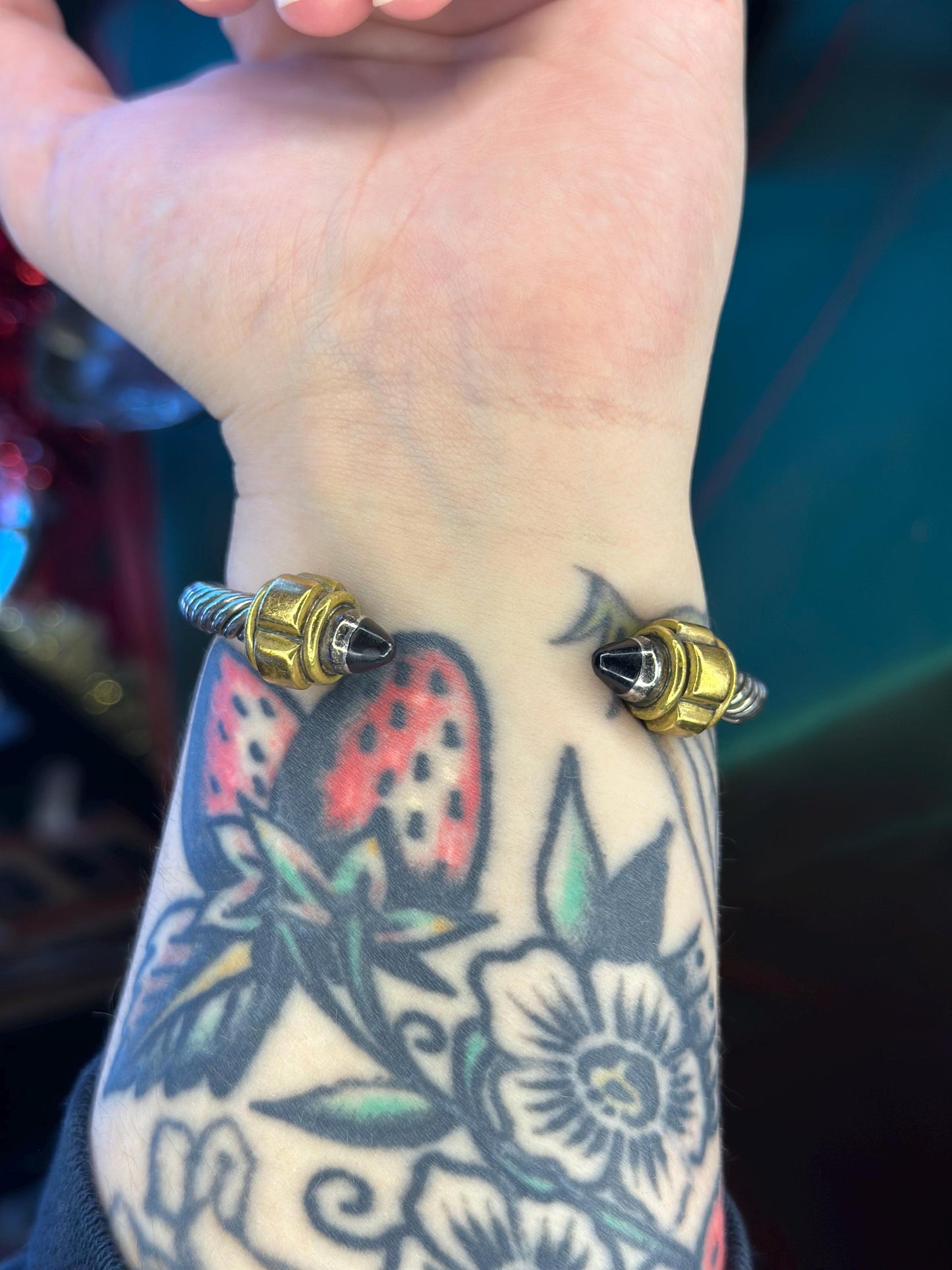 Vintage Mexican Art Deco Avant Garde Sterling Silver Twisted Cable Rope Cuff with Brass and Onyx
