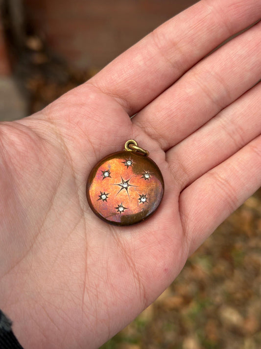 Vintage Antique Victorian Aged Brass and Rhinestone Starburst locket