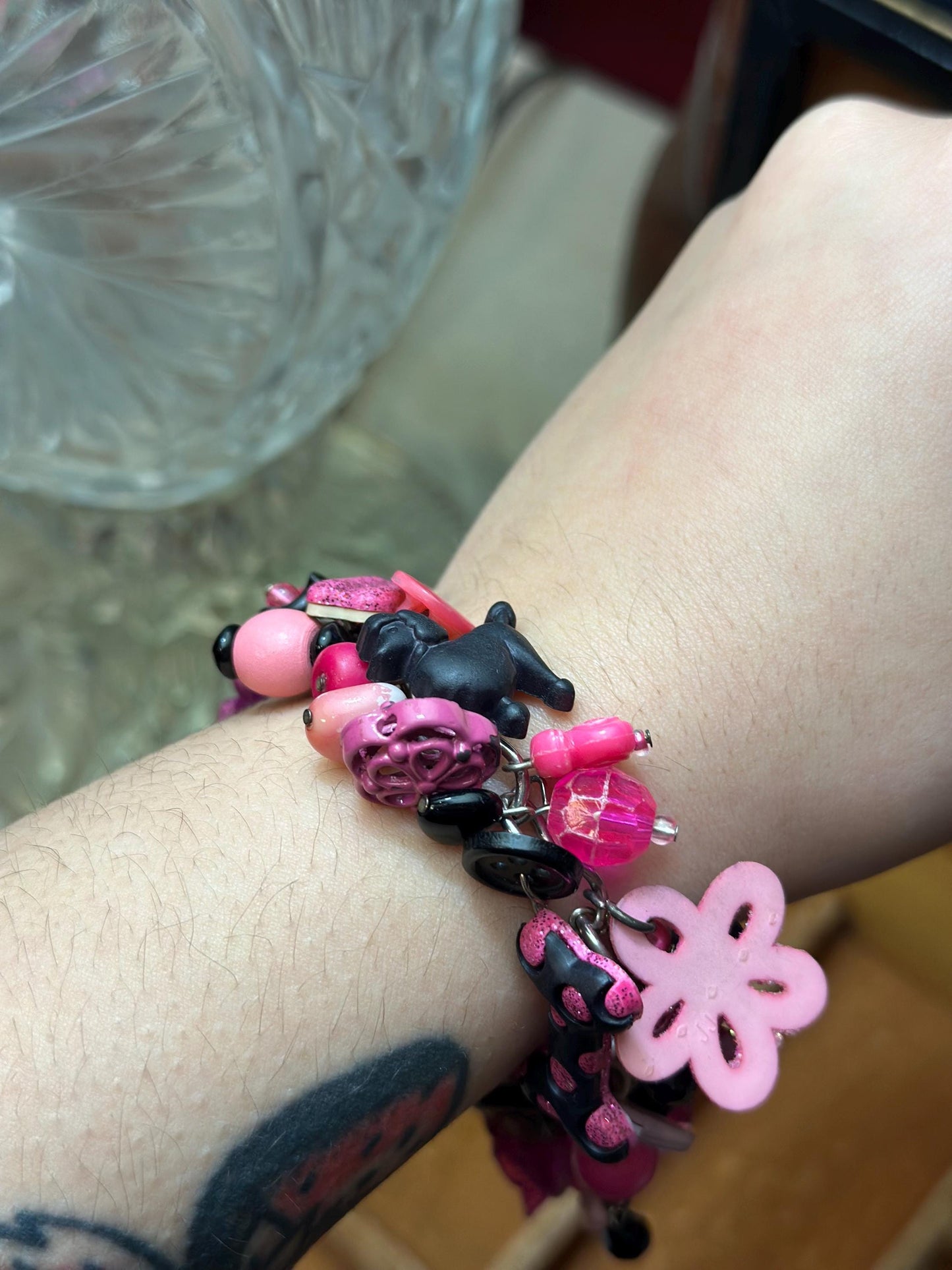 Vintage 1980's Inspired Overloaded Junk Bracelet with Plastic Charms Pink and Black Betsy Johnson Barbie Inspired.