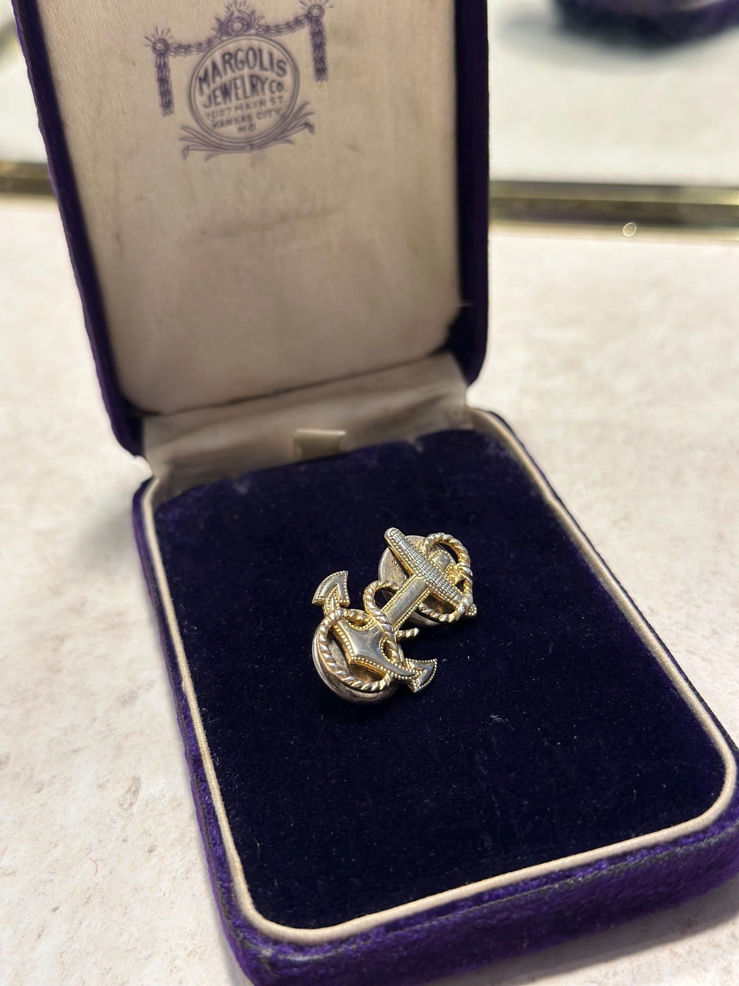 Vintage Anchor US MCM Naval Vietnam Era Gold Plated Sterling Silver Brooch
