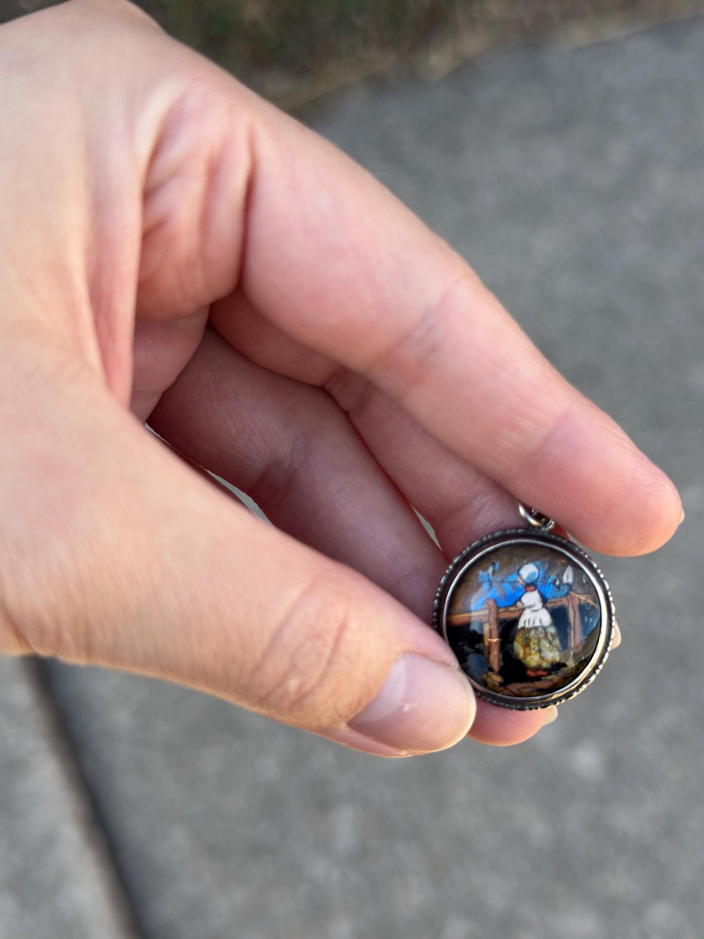 Antique 1930's English Sterling Silver Morpho Butterfly Handpainted Buuble Glass Pendant.