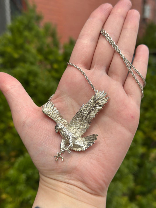 Silver eagle pendant on a chain held in a hand with a blurred green and brown background