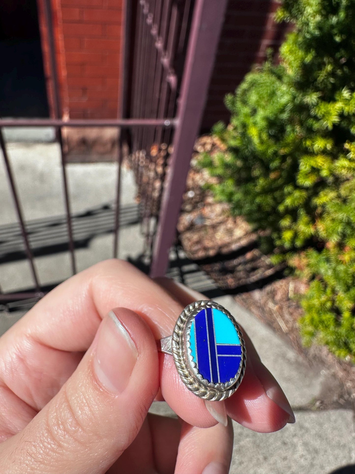 Vintage Navajo Turquoise Lapis Sterling Silver Ring Size 9