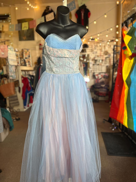 Vintage 1950's Baby Blue and Pink Tulle Floral Formal Ball Gown Cocktail Graduation or Prom Dress
