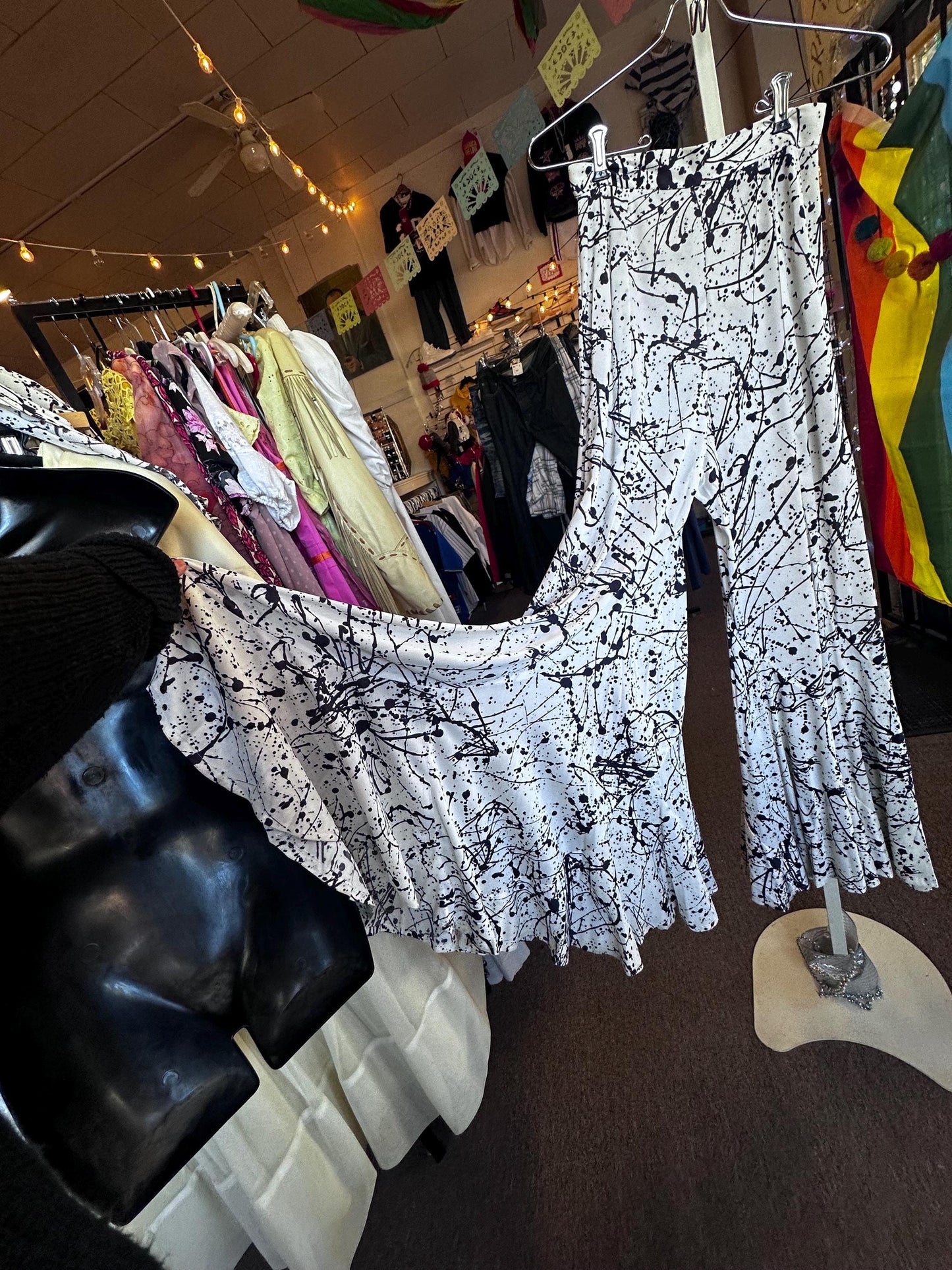 Vintage 1970's Jack Hartley of Miami Two Piece Disco Bell Bottom Ink Splatter Halter Jumpsuit XS.