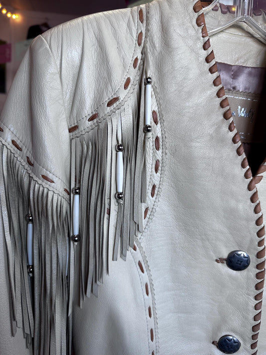 1990s Patricia Wolf Fringe Leather Blonde White Jacket Size Small