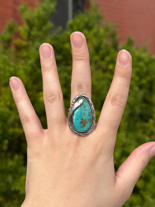 Vintage Navajo Snake Sterling Silver Huge Raw Turqouise and Sterling Silver Size 8 Ring
