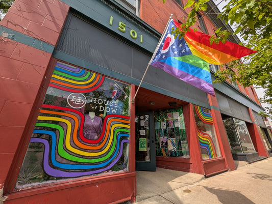 Rainbows swoop across the store front windows for House of Dow 