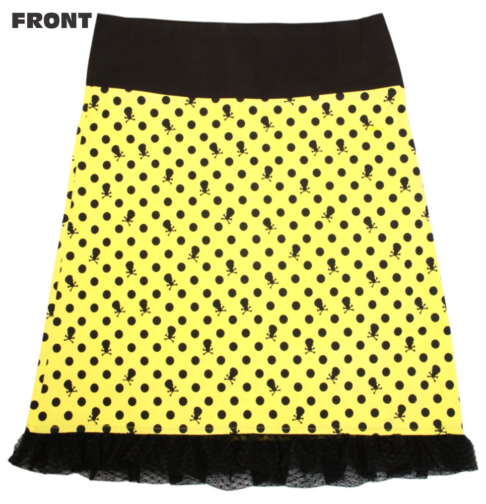 Sourpuss Yellow Ruffle, Punk Black Polka Dot Skull Skirt