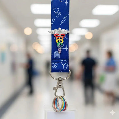 Blue lanyard with medical symbols and rainbow charm in a hospital setting