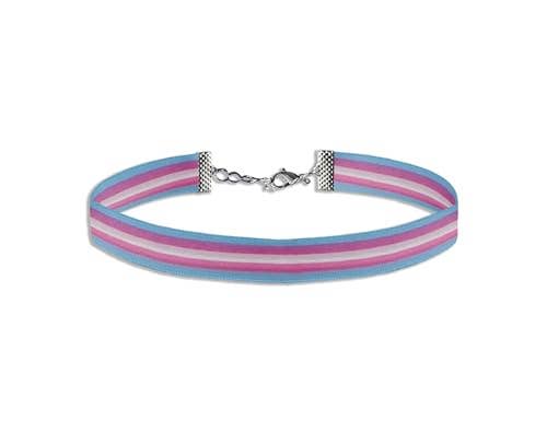 A multi-colored striped choker-style collar with pink, purple, and light blue horizontal stripes, finished with silver-tone metal hardware.