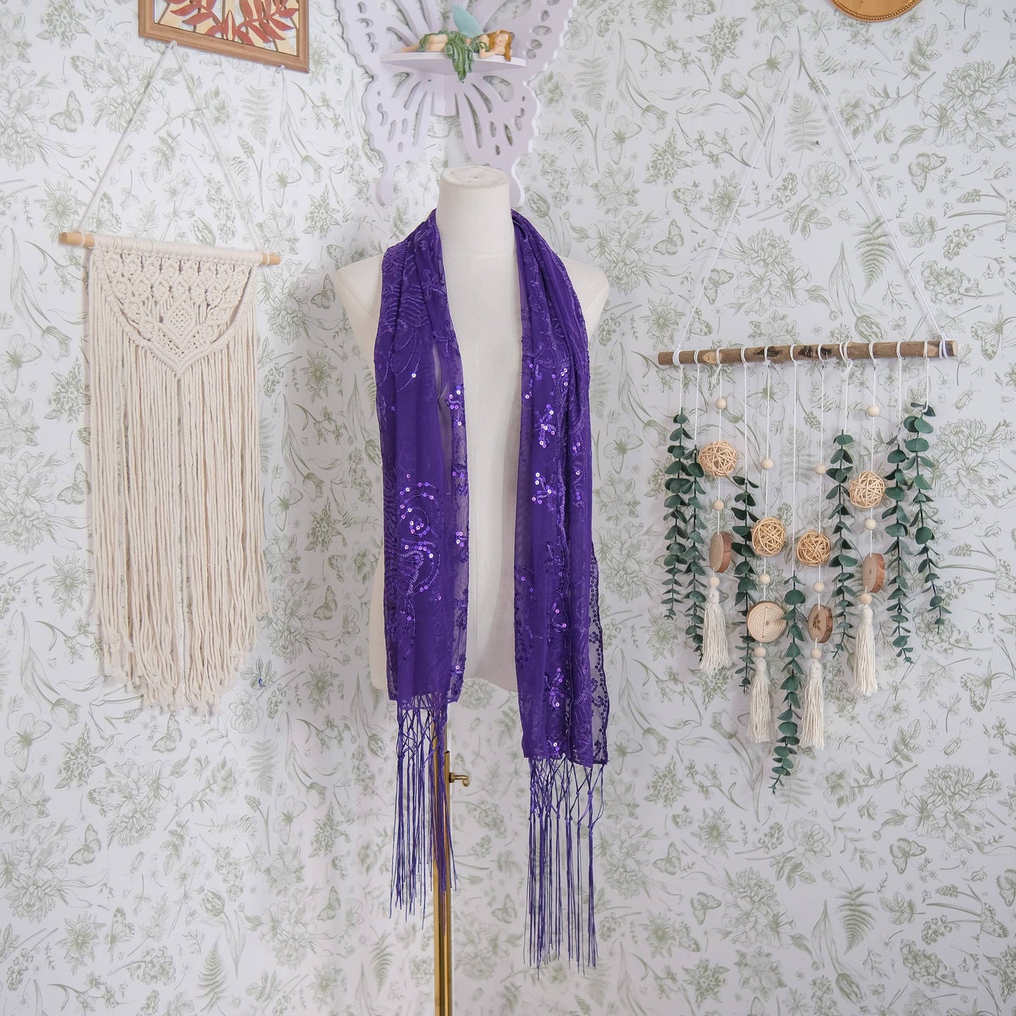 Sequin Embroidered Lace Fringe Shawl