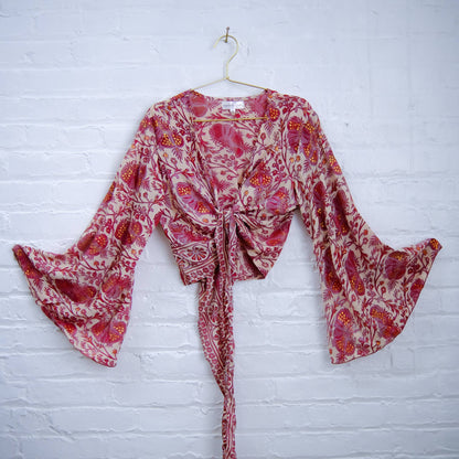 Floral Bohemian Hippie Style Bell Sleeve Wrap or Tie Top