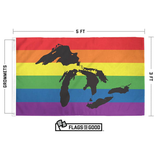 Rainbow flag with a black outline of the Great Lakes, dimensions 3 feet by 5 feet, brand 'Flags for Good' visible.